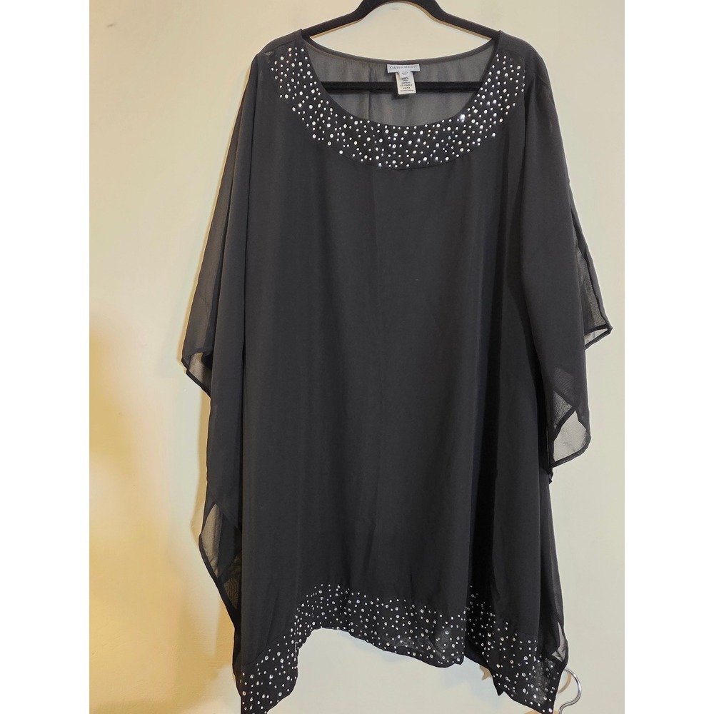 Catherines Black Chiffon Rhinestone Poncho Blouse Plus Size 4X 5X Evening Top